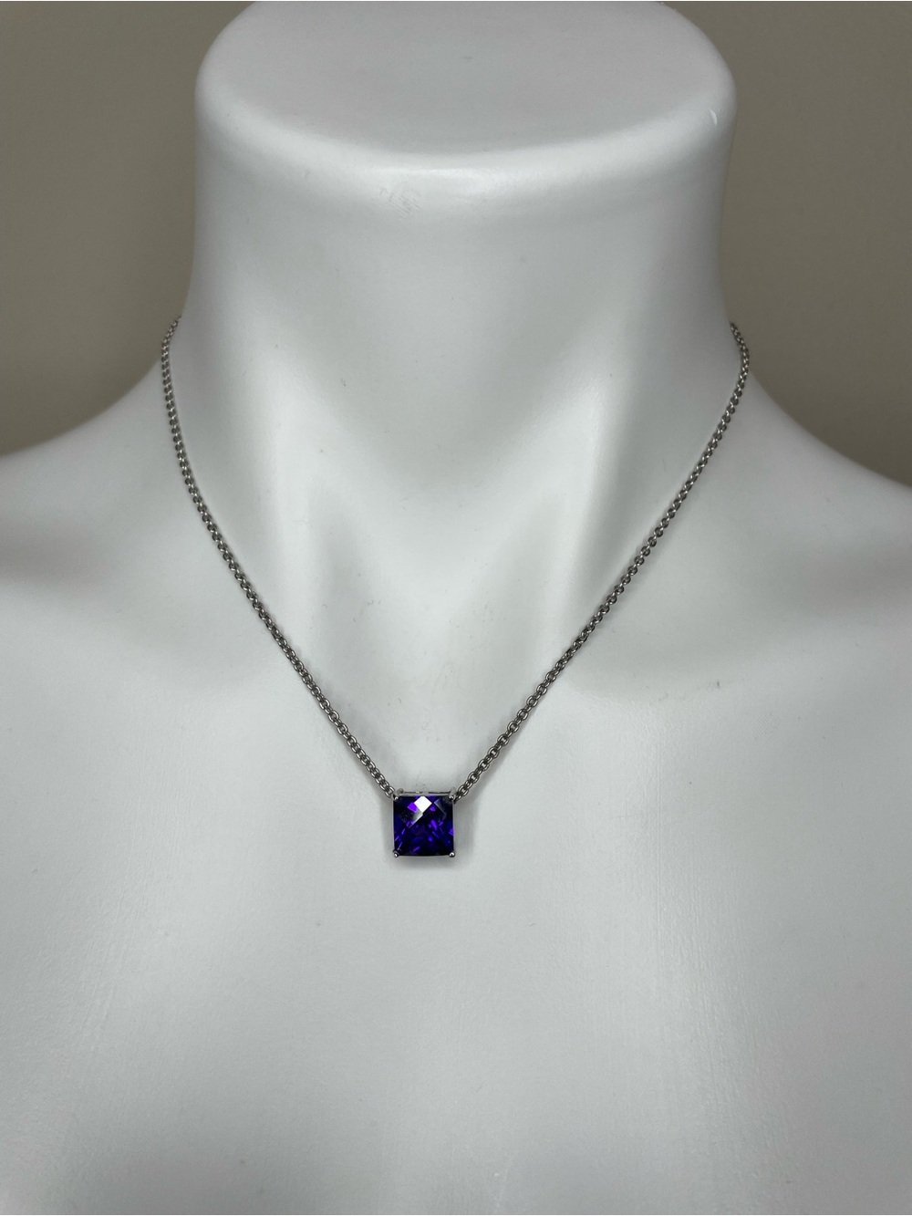 Minimalist Silver-tone Necklace with Square Princess Cut Purple Crystal Pendant